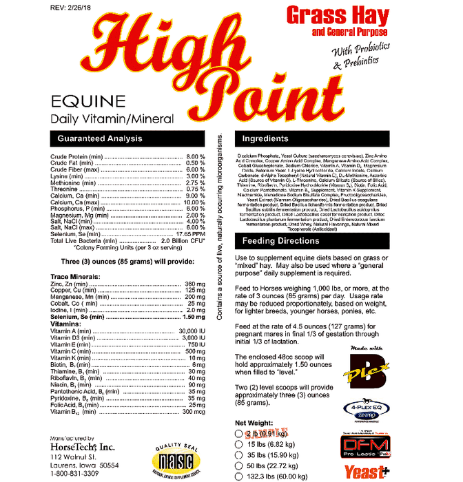 High Point-Grass/Mixed Hay Daily Vitamin & Mineral label and feeding instructions.