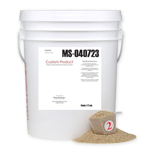 Grass Hay Ration Balancer Complete for Horses - 25 lb pail showing scoop serving size.