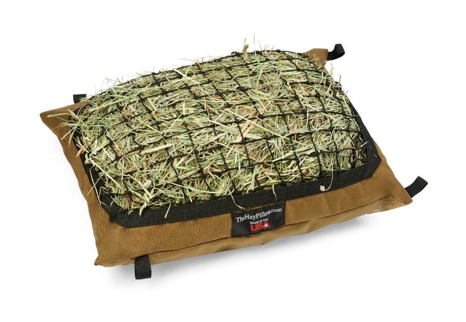 Mini Hay Pillow Slow Feeder Hay Bag filled with hay designed for miniature horses.