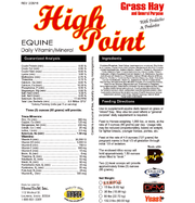 High Point-Grass/Mixed Hay Daily Vitamin & Mineral label and feeding instructions.
