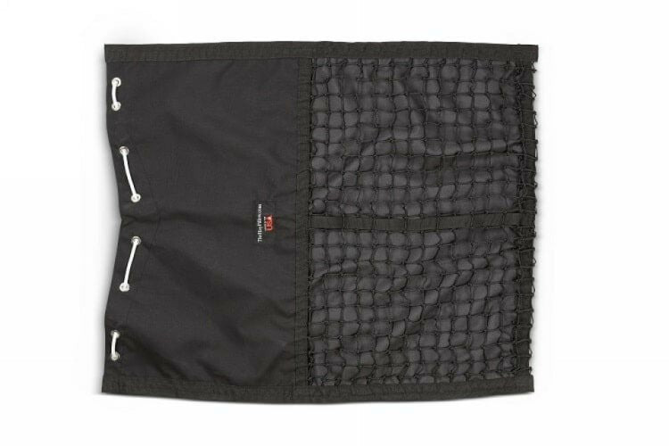 Front view of empty Hanging Hay PIllow shows top drawstring closure and bottom mesh area . 