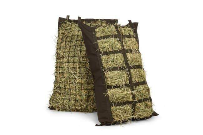 Two Manger Hay Pillow Horse Trailer Hay Bags filled with hay with 4" by 6" mesh size and 1 3/4" mesh size