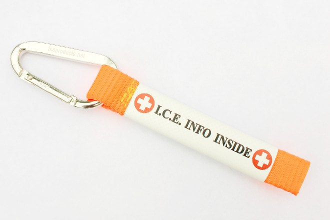 Front view of neon orange Ultralite Equine Emergency Info ID Clip-on Tag.  