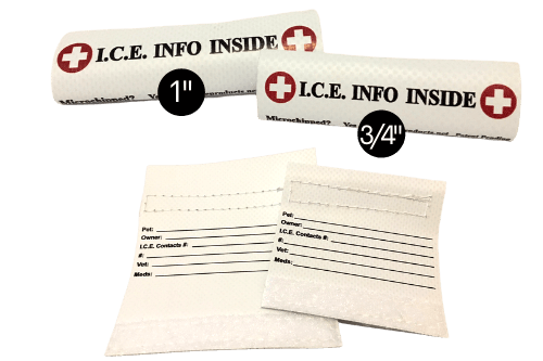 Wrap around halter/collar emergency ID available in two sizes. One inch and 3/4 inch.