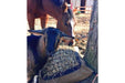 Bay horse and goat eating hay from Version II Standard Hay Pillow slow feed hay bag with the netting panel installed.