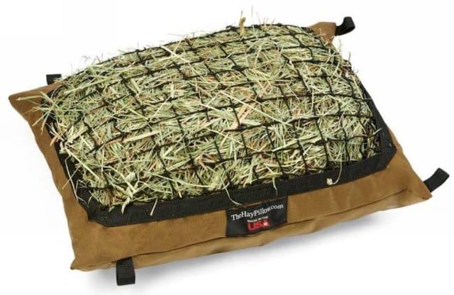 Mini Hay Pillow Slow Feeder Hay Bag filled with hay designed for miniature horses.