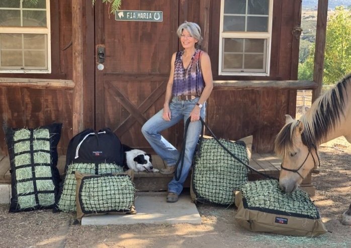 Hay Pillow Slow Feeder Inventor Monique Warren with the Hay Pillow product line..